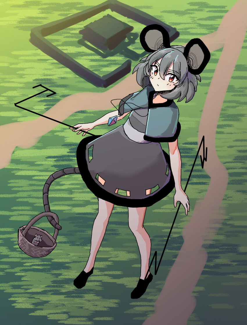 1girl :/ absurdres animal_ears bangs basket bigboo blue_capelet blush capelet dowsing_rod dress eyebrows_visible_through_hair floating from_above full_body fur_trim grey_dress grey_hair hair_between_eyes highres holding jewelry looking_at_viewer mouse mouse_ears mouse_tail nazrin orange_eyes pendant prehensile_tail short_hair short_sleeves solo tail touhou