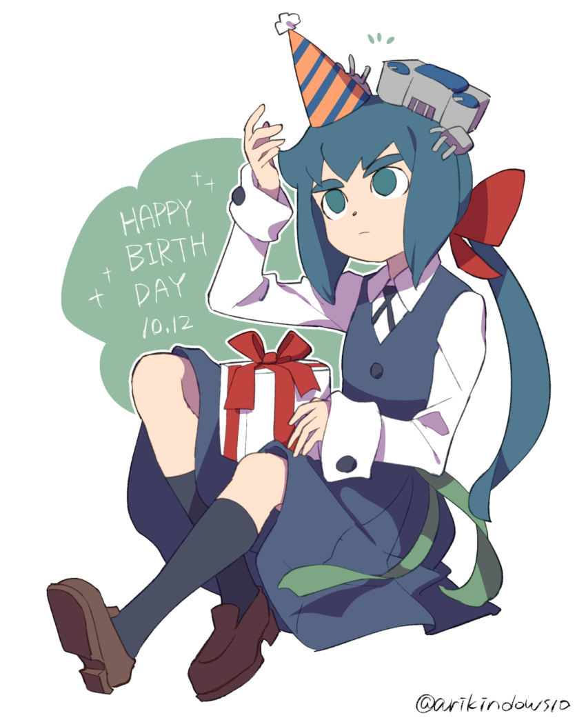1girl arikindows10 arm_up artist_name bangs birthday blue_hair closed_mouth collared_shirt constanze_amalie_von_braunschbank-albrechtsberger dated expressionless full_body green_eyes happy_birthday hat highres jewelry kneehighs knees_up little_witch_academia loafers long_sleeves luna_nova_school_uniform necklace on_ground party_hat pleated_skirt ponytail robot school_uniform shirt shoes simple_background sitting skirt socks solid_eyes solo thick_eyebrows twitter_username uniform v white_background white_shirt witch