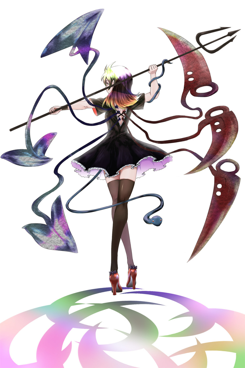 1girl asymmetrical_wings black_dress black_hair black_legwear blue_wings bow commentary_request dress footwear_bow frilled_dress frills from_behind full_body high_heels highres houjuu_nue legs medium_hair nue pointy_ears polearm red_footwear red_wings shadow short_dress short_sleeves snake snake_tail solo tail thigh-highs touhou trident weapon white_background wings wristband yokochou youkai