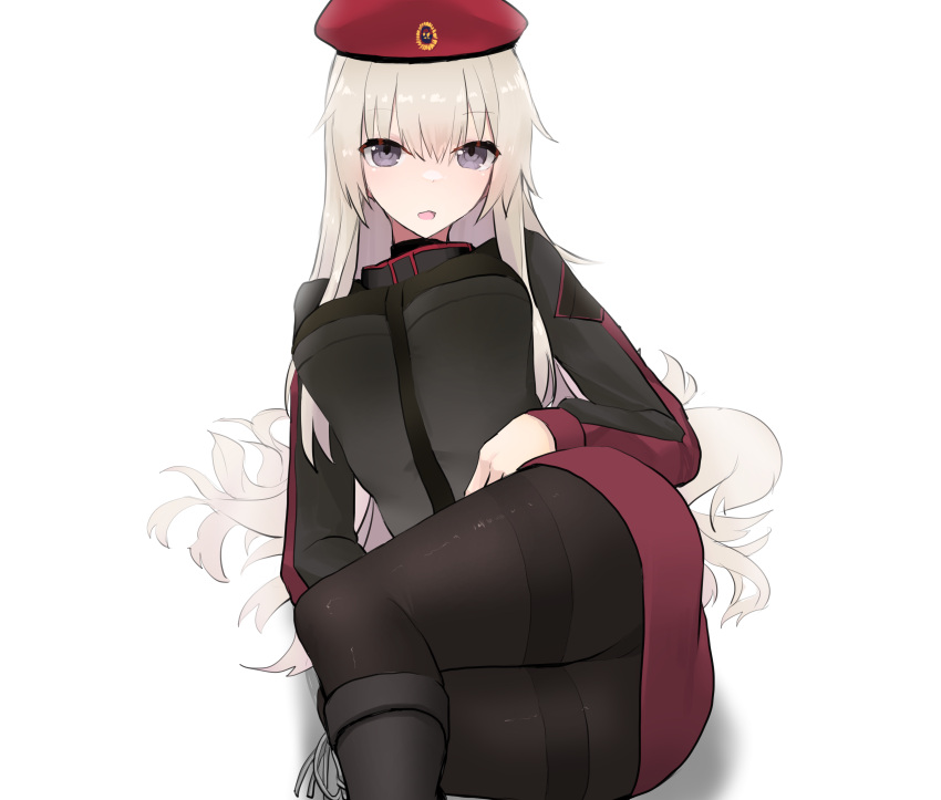 1girl absurdres ak74m_(girls'_frontline) beret black_footwear black_jacket black_legwear blonde_hair blush boots breasts eyebrows_visible_through_hair feet_out_of_frame girls_frontline hat highres jacket long_hair looking_at_viewer lying medium_breasts on_back open_mouth pantyhose red_skirt skirt solo tactical_clothes uniform violet_eyes white_background yanagui