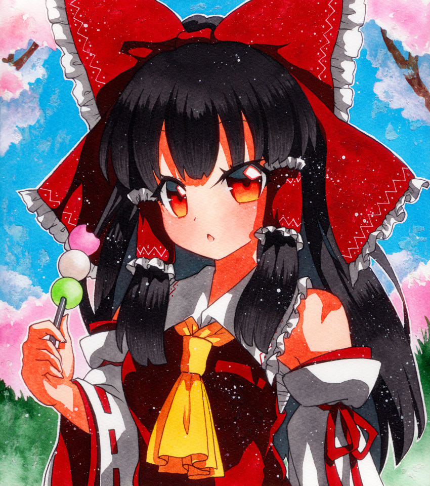 1girl absurdres ascot bandages bangs bare_shoulders black_hair blue_sky bow breasts cherry_blossoms collar collared_dress dango dress eyebrows_visible_through_hair food grass hair_between_eyes hair_ornament hair_tubes hakurei_reimu hand_up highres long_hair long_sleeves looking_at_viewer medium_breasts multicolored multicolored_eyes open_mouth orange_eyes qqqrinkappp red_bow red_dress red_eyes shikishi sky solo touhou traditional_media tree wagashi white_sleeves wide_sleeves yellow_eyes yellow_neckwear