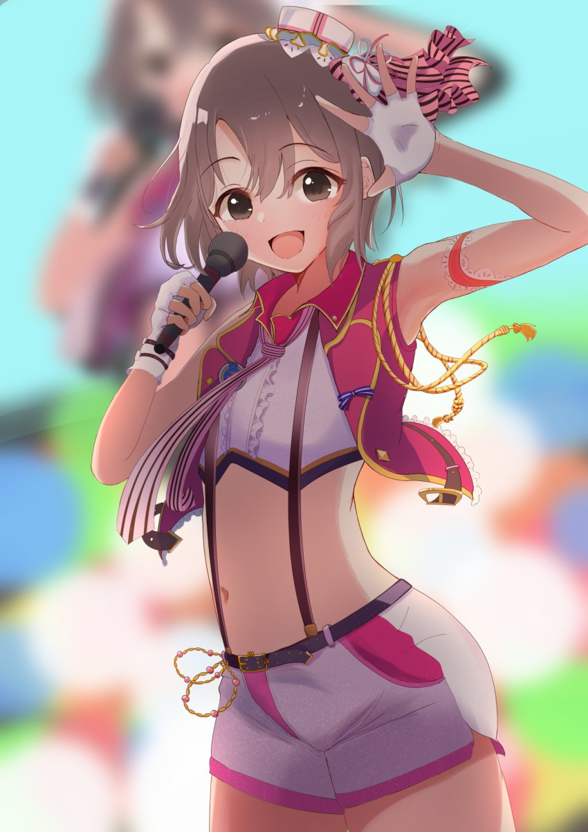 1girl :d arm_up armband armpits blurry blurry_background cowboy_shot crop_top dancing depth_of_field display_board eyebrows_visible_through_hair fingerless_gloves flat_chest gloves grey_hair highres holding holding_microphone idol idolmaster idolmaster_cinderella_girls idolmaster_cinderella_girls_starlight_stage looking_at_viewer microphone midriff music navel necktie open_mouth otokura_yuuki shirt short_hair shorts singing sleeveless sleeveless_shirt smile solo stage suspenders yuukura_yuu zoom_layer