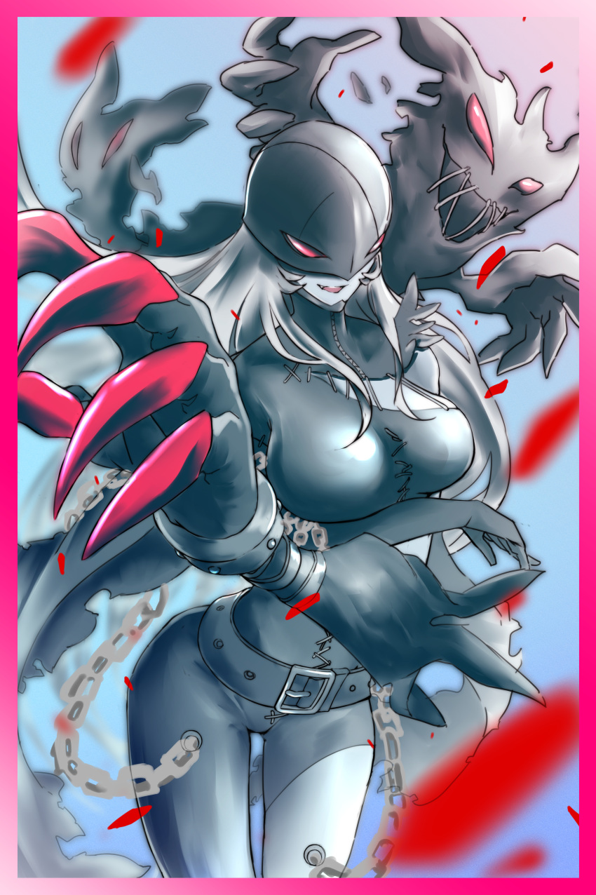 1girl absurdres asymmetrical_gloves asymmetrical_legwear belt border breast_hold breasts chain claws digimon digimon_(creature) ghost grey_hair highres jiyuuya ladydevimon long_hair open_mouth parted_lips red_border red_eyes solo stitched_mouth stitches teeth thighs upper_teeth