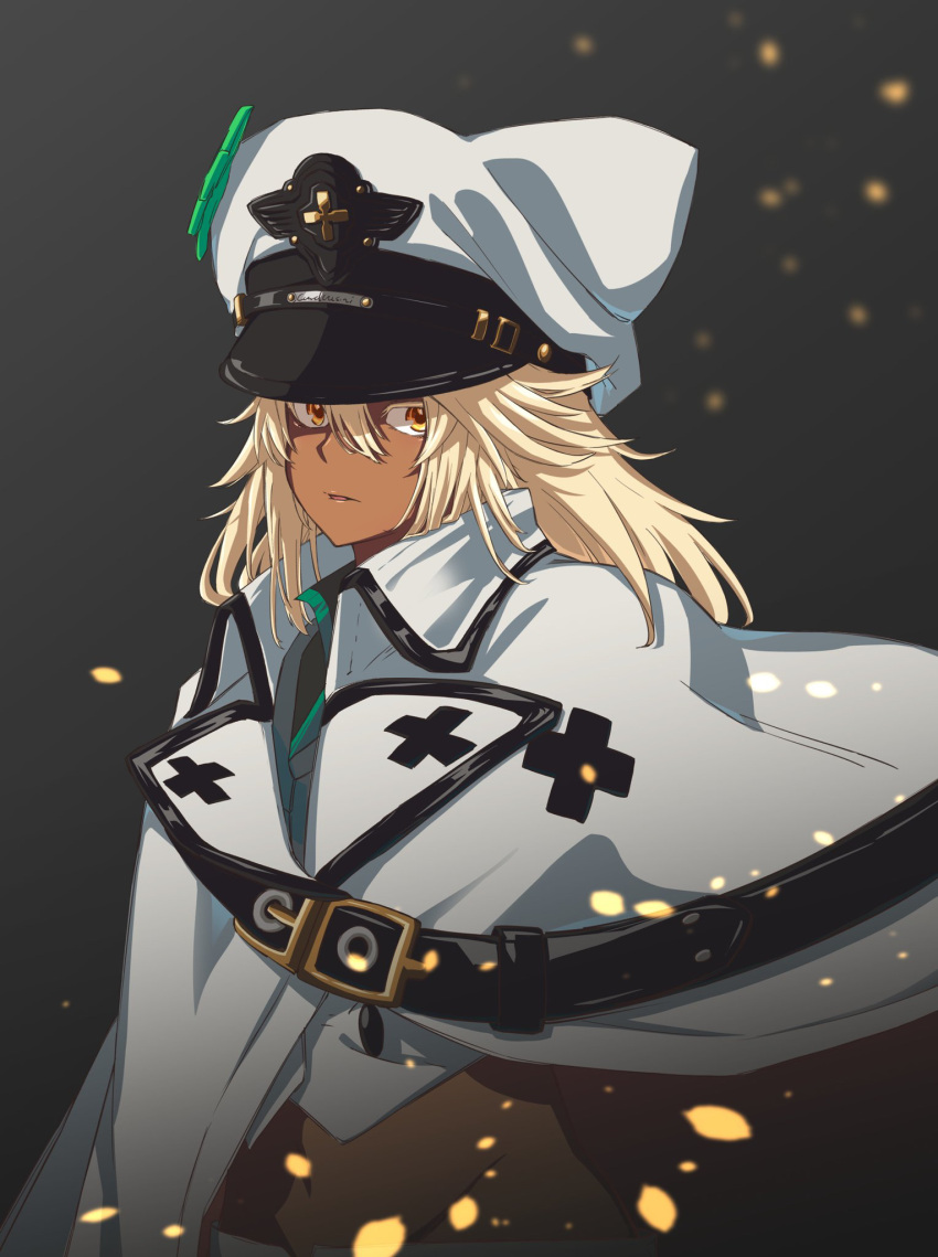 1girl blurry blurry_background breasts buckle coat execneet guilty_gear hair_between_eyes hat high_collar highres looking_at_viewer medium_breasts midriff military_hat parted_lips ramlethal_valentine sidelocks simple_background solo tan upper_body white_coat