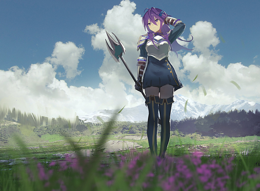 1girl armor bangs blurry blurry_foreground boots breastplate clouds day flower gauntlets grass hair_between_eyes hair_ornament hand_in_hair hara_shoutarou highres holding holding_weapon long_hair mountain original outdoors polearm purple_hair sky solo standing thigh-highs thigh_boots violet_eyes weapon wind