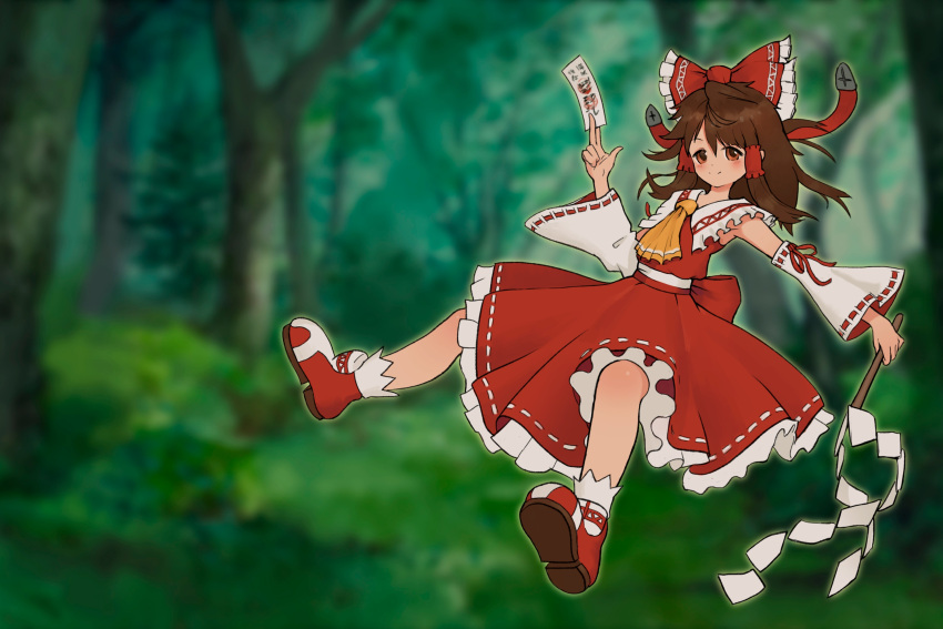 1girl adapted_costume ascot bangs blurry blurry_background bow brown_eyes brown_hair detached_sleeves dot_nose dress floating floating_hair foreshortening forest frilled_bow frilled_dress frilled_shirt_collar frills full_body game_cg gohei hair_between_eyes hair_bow hair_tubes hakurei_reimu hand_up highres holding light_blush long_hair looking_at_viewer nature ofuda outdoors project_heartbeat red_bow red_dress red_footwear red_ribbon reixart ribbon ribbon-trimmed_dress ribbon-trimmed_sleeves ribbon_trim shoes sidelocks smile socks solo third-party_source touhou tree white_legwear yellow_neckwear