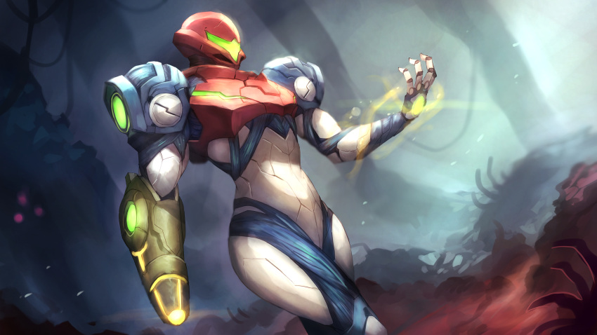 1girl absurdres arm_cannon glowing helmet highres looking_at_viewer metroid metroid_dread power_armor power_suit samus_aran science_fiction shiburingaru sidelocks simple_background solo upper_body visor weapon