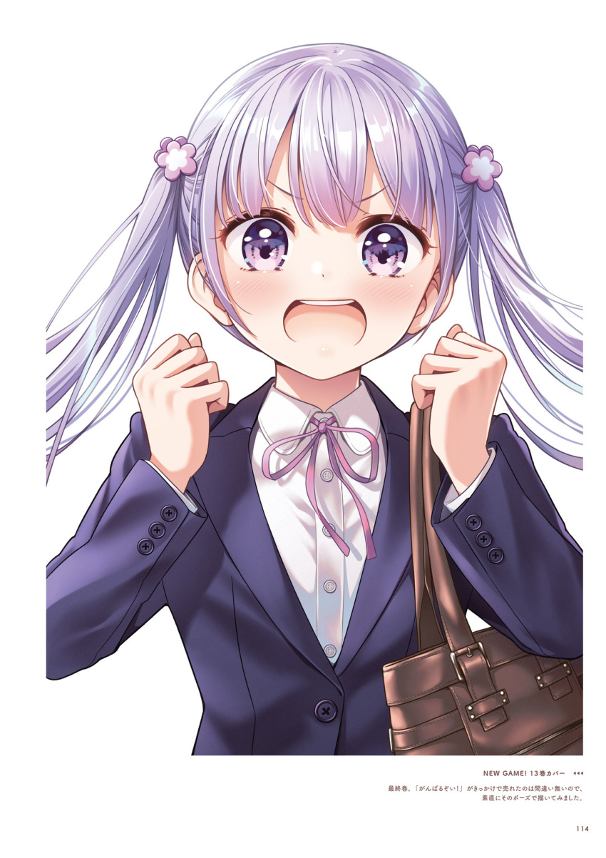 1girl :d bag blazer blush copyright_name dress_shirt hair_ornament handbag highres jacket long_hair long_sleeves looking_at_viewer neck_ribbon new_game! official_art open_mouth page_number pink_ribbon purple_jacket ribbon shiny shiny_hair shirt silver_hair smile solo suzukaze_aoba tokunou_shoutarou twintails upper_body v-shaped_eyebrows very_long_hair violet_eyes white_background white_shirt