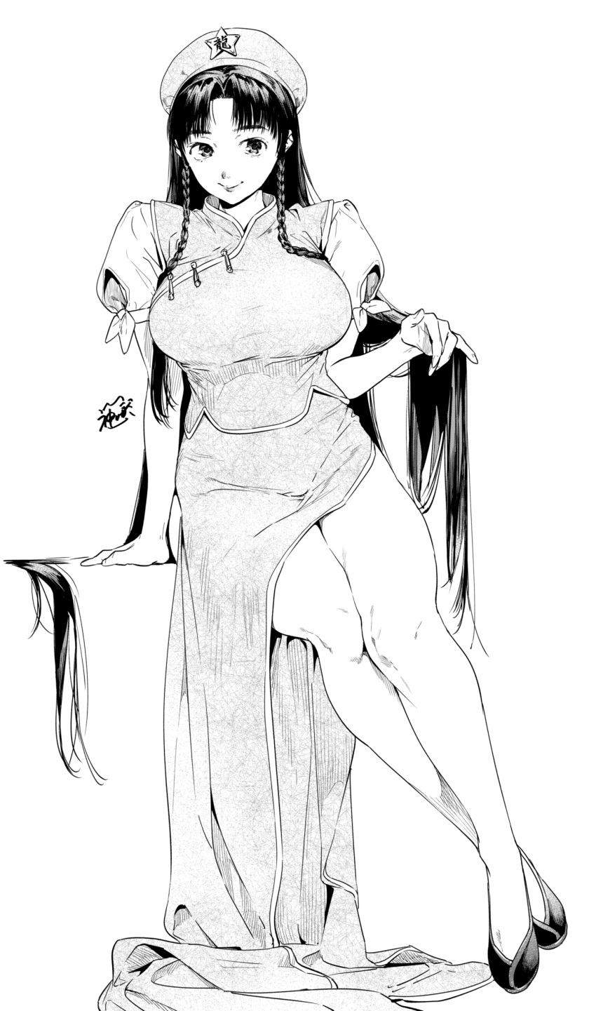 1girl absurdres bangs banned_artist breasts closed_mouth highres hong_meiling kamiyama_aya large_breasts monochrome simple_background sitting smile solo touhou white_background