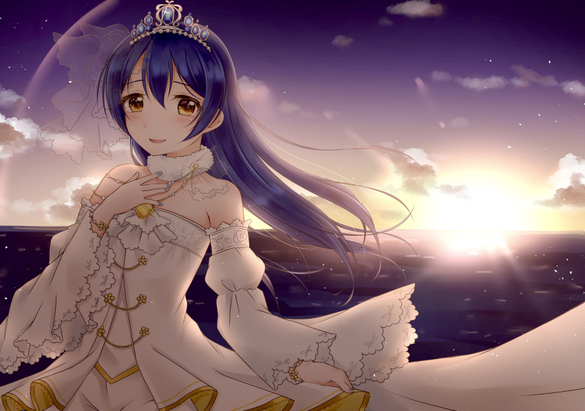 1girl absurdres bangs blue_hair blue_nails bridal_veil detached_sleeves dress evening fur_collar gradient_sky highres long_hair looking_at_viewer love_live! love_live!_school_idol_festival love_live!_school_idol_project nail_polish open_mouth outdoors rin5325 sky smile solo sonoda_umi strapless strapless_dress sun sunset swept_bangs tiara veil wedding_dress yellow_eyes