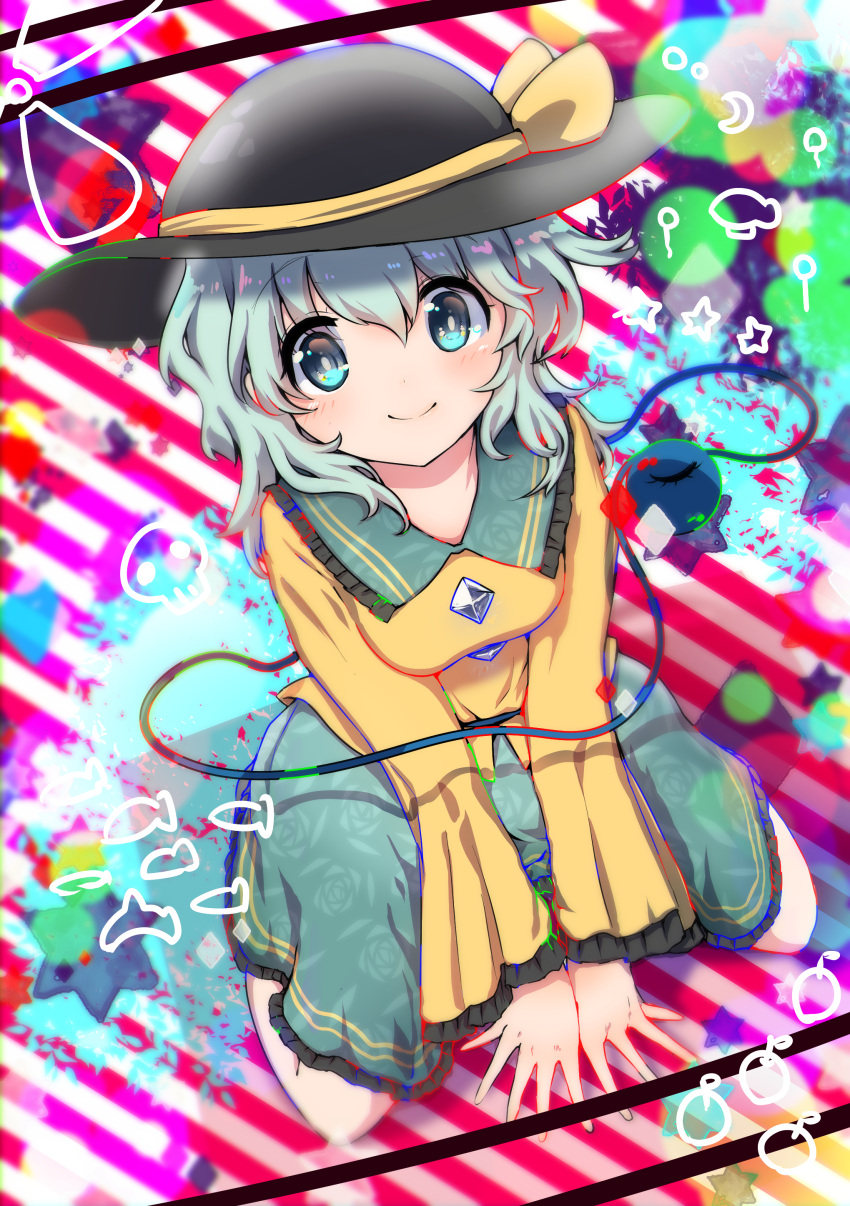 1girl abstract_background absurdres bangs between_legs blush boots buttons commentary_request eyebrows_visible_through_hair fish floral_print frilled_shirt_collar frilled_skirt frilled_sleeves frills full_body gem green_eyes green_skirt hand_between_legs hat hat_ribbon heart highres komeiji_koishi long_sleeves looking_at_viewer radiation_symbol ribbon rose_print rpameri shirt shoes short_hair sitting skirt skull smile solo sparkle striped striped_background teeth third_eye touhou upper_teeth wariza white_hair wide_sleeves yellow_shirt