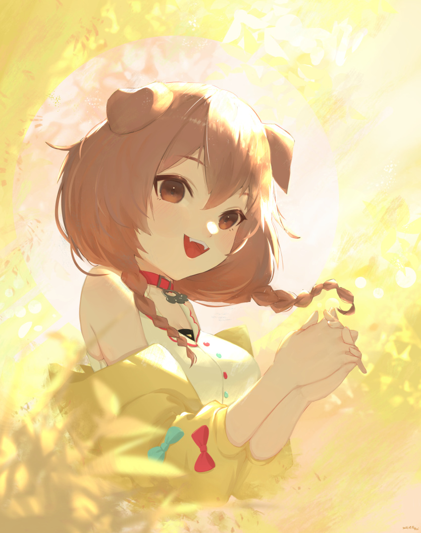1girl :d animal_ears bangs bare_shoulders bixi blue_bow bow braid breasts brown_eyes brown_hair buttons chinese_commentary dog_ears dog_girl dress fangs hair_between_eyes highres hololive inugami_korone jacket jacket_partially_removed large_breasts long_hair looking_at_viewer low_twin_braids off_shoulder open_clothes open_jacket open_mouth own_hands_clasped own_hands_together red_bow short_dress sleeveless sleeveless_dress smile solo twin_braids upper_body virtual_youtuber white_dress yellow_jacket