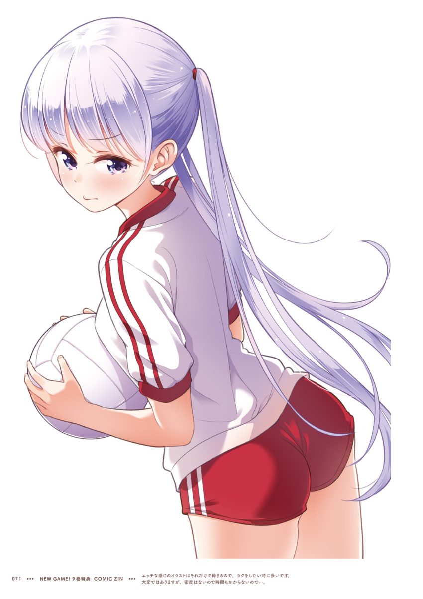 1girl bangs bare_legs blush closed_mouth cowboy_shot eyebrows_visible_through_hair floating_hair gym_uniform highres long_hair looking_at_viewer new_game! official_art page_number red_shorts shirt short_shorts shorts silver_hair solo standing suzukaze_aoba tokunou_shoutarou twintails very_long_hair violet_eyes volleyball white_background white_shirt