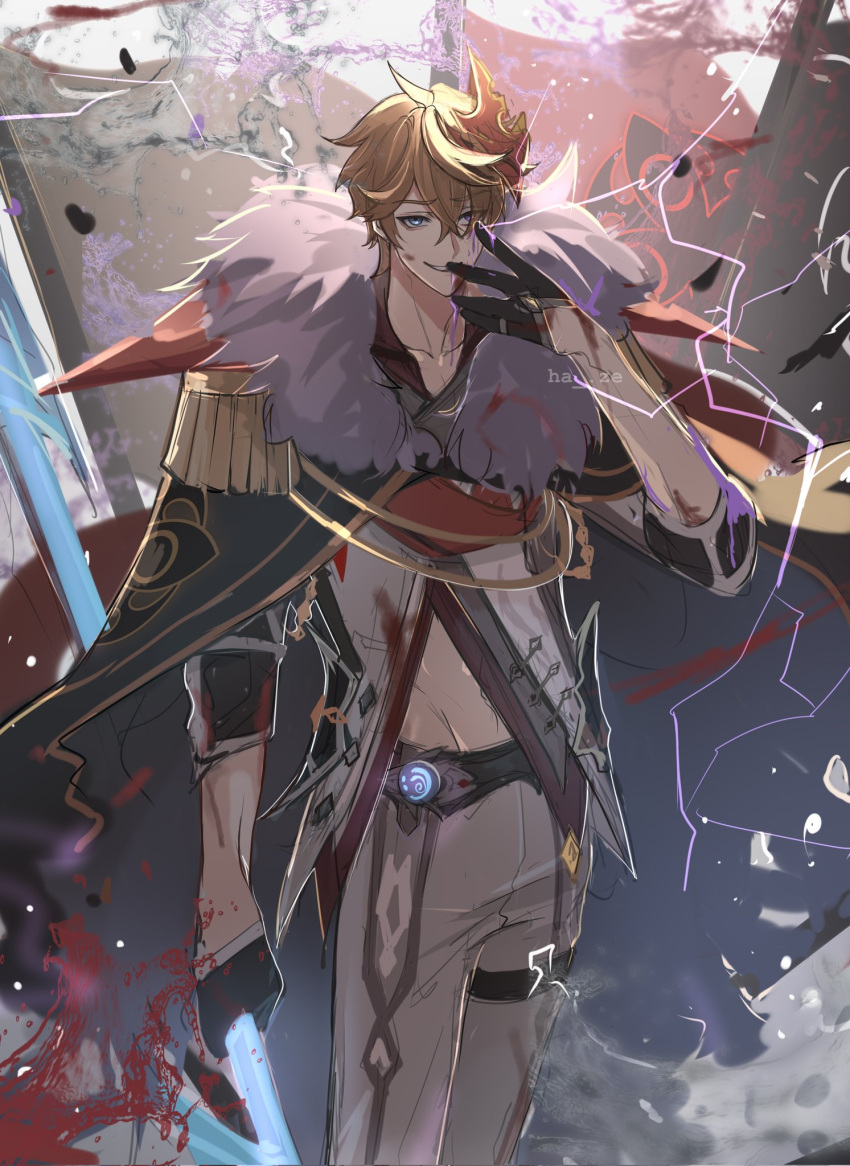1boy artist_name bangs black_gloves blood blood_on_face blue_eyes cape electricity epaulettes eyebrows_visible_through_hair fur_trim genshin_impact gloves ha_ze hair_between_eyes highres holding holding_weapon jacket male_focus mask mask_on_head orange_hair pants parted_lips polearm red_scarf scarf solo tartaglia_(genshin_impact) vision_(genshin_impact) weapon