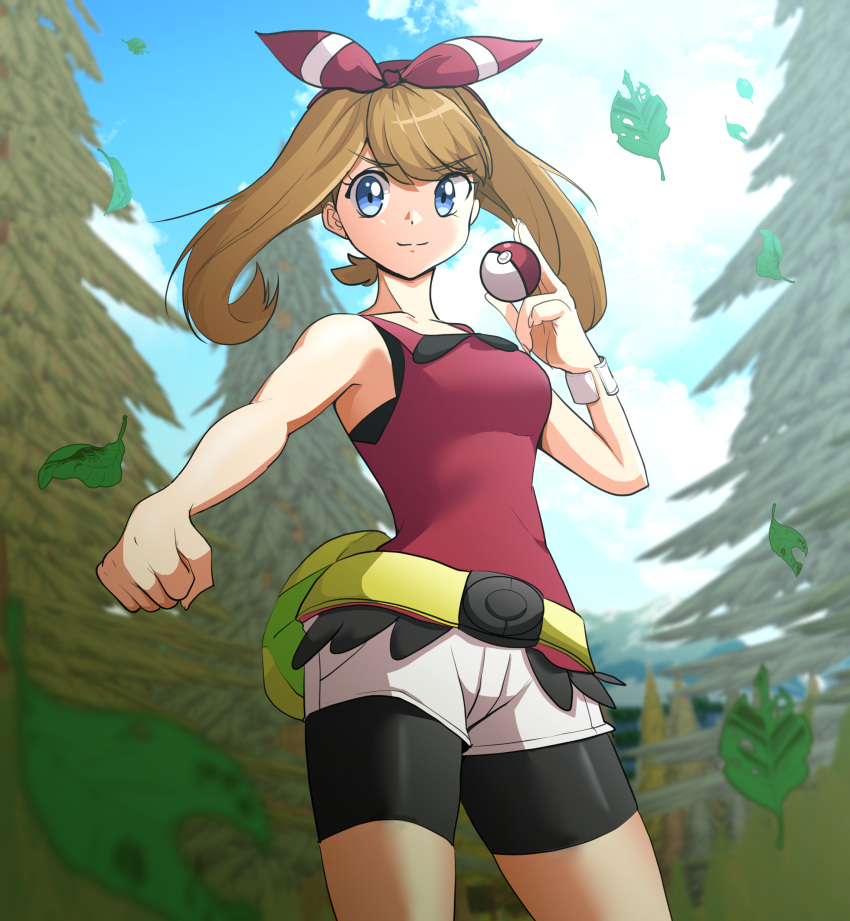 1girl absurdres bangs bike_shorts bike_shorts_under_shorts blue_eyes blurry bracelet breasts brown_hair clenched_hand closed_mouth clouds commentary dark_n day eyebrows_visible_through_hair hand_up highres holding holding_poke_ball jewelry leaf leaves_in_wind may_(pokemon) outdoors poke_ball poke_ball_(basic) pokemon pokemon_(game) pokemon_oras shirt shorts sky sleeveless sleeveless_shirt smile solo split_mouth tree twintails white_shorts