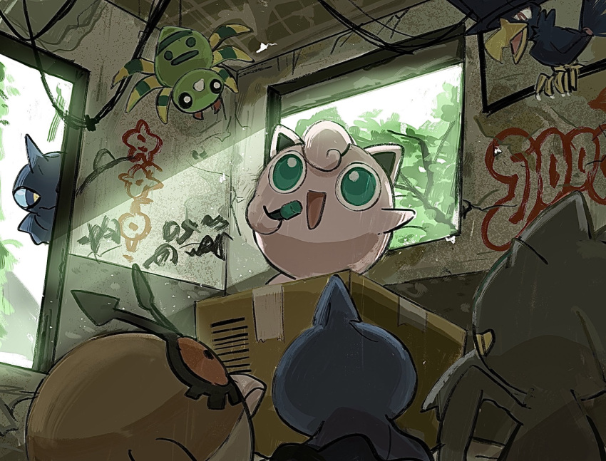 anzu_(01010611) banette box cardboard_box day graffiti green_eyes highres holding holding_microphone hoothoot jigglypuff looking_up microphone murkrow music open_mouth pokemon pokemon_(creature) shuppet singing spinarak symbol-only_commentary tongue window