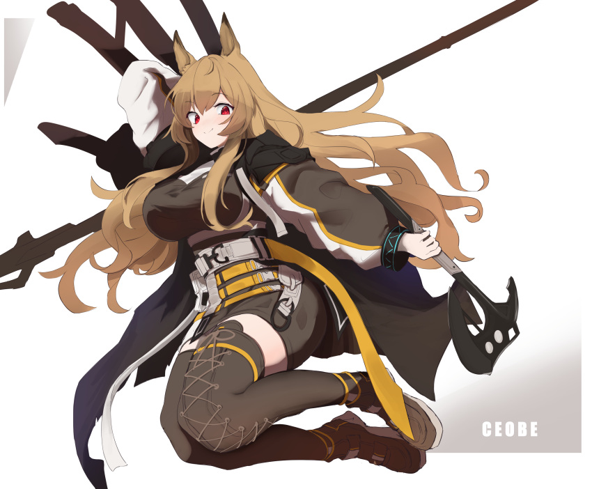1girl animal_ears arknights asumi_maboroshi axe breasts brown_hair ceobe_(arknights) character_name coat dog_ears highres large_breasts long_hair red_eyes smile thigh-highs weapon weapon_on_back