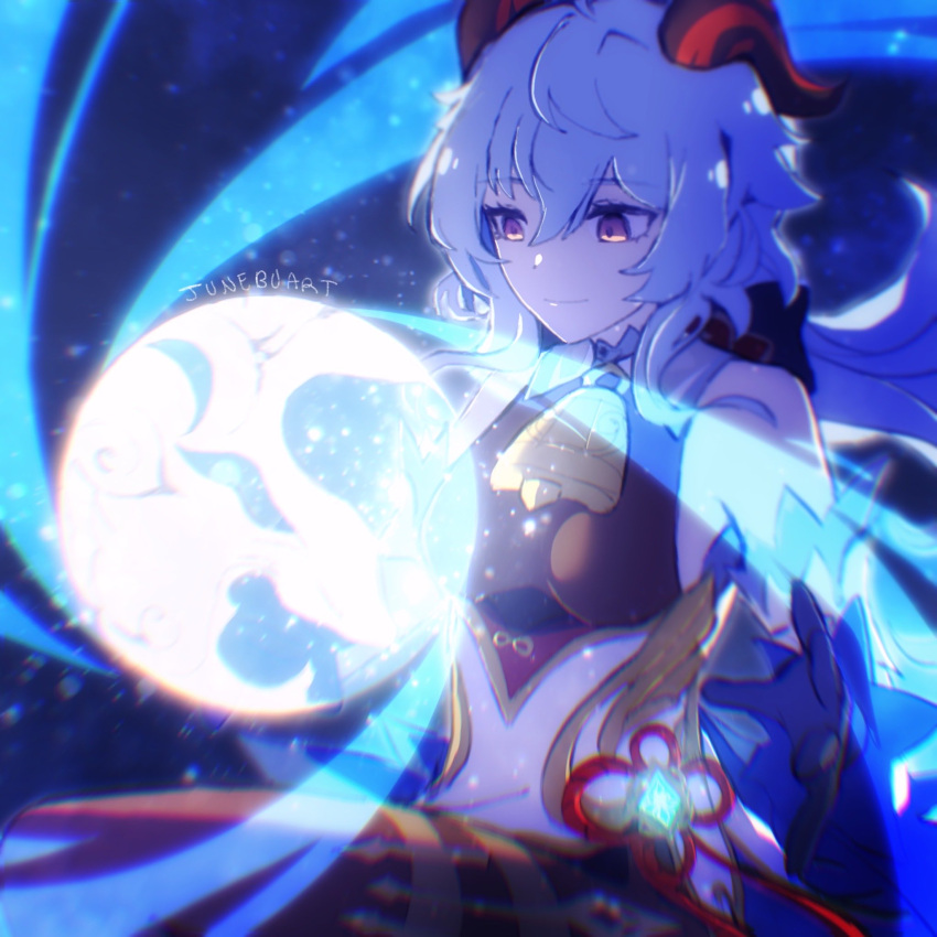 artist_name bangs bare_shoulders bell blue_hair chinese_knot detached_sleeves eyebrows_visible_through_hair flower_knot ganyu_(genshin_impact) genshin_impact gold_trim highres horns junebuart looking_to_the_side magic neck_bell orb violet_eyes vision_(genshin_impact) white_sleeves