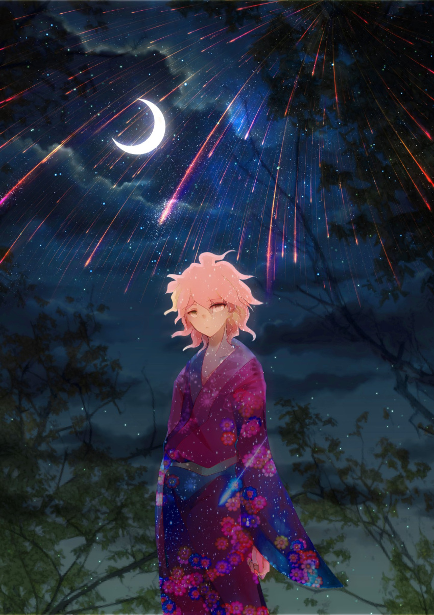 1boy alternate_costume alternate_eye_color alternate_hair_color arms_at_sides bangs closed_eyes crescent_moon danganronpa_(series) danganronpa_2:_goodbye_despair eyebrows_visible_through_hair floral_print green_eyes hair_between_eyes highres japanese_clothes kimono komaeda_nagito len02ronpa male_focus moon night night_sky pink_hair pink_kimono purple_kimono sky solo standing star_(sky) starry_sky starry_sky_print tree