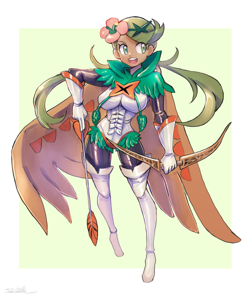 1girl :d alternate_costume arrow_(projectile) bangs bodysuit bodysuit_under_clothes boots bow_(weapon) breasts commentary_request cosplay decidueye decidueye_(cosplay) floating_hair flower full_body gloves green_eyes green_hair hair_flower hair_ornament highres holding holding_arrow holding_bow_(weapon) holding_weapon leotard long_hair looking_to_the_side mallow_(pokemon) oomasa_teikoku open_mouth pink_flower pokemon pokemon_(game) pokemon_sm skin_tight smile solo swept_bangs teeth thigh-highs thigh_boots tongue twintails upper_teeth weapon white_footwear white_gloves white_leotard