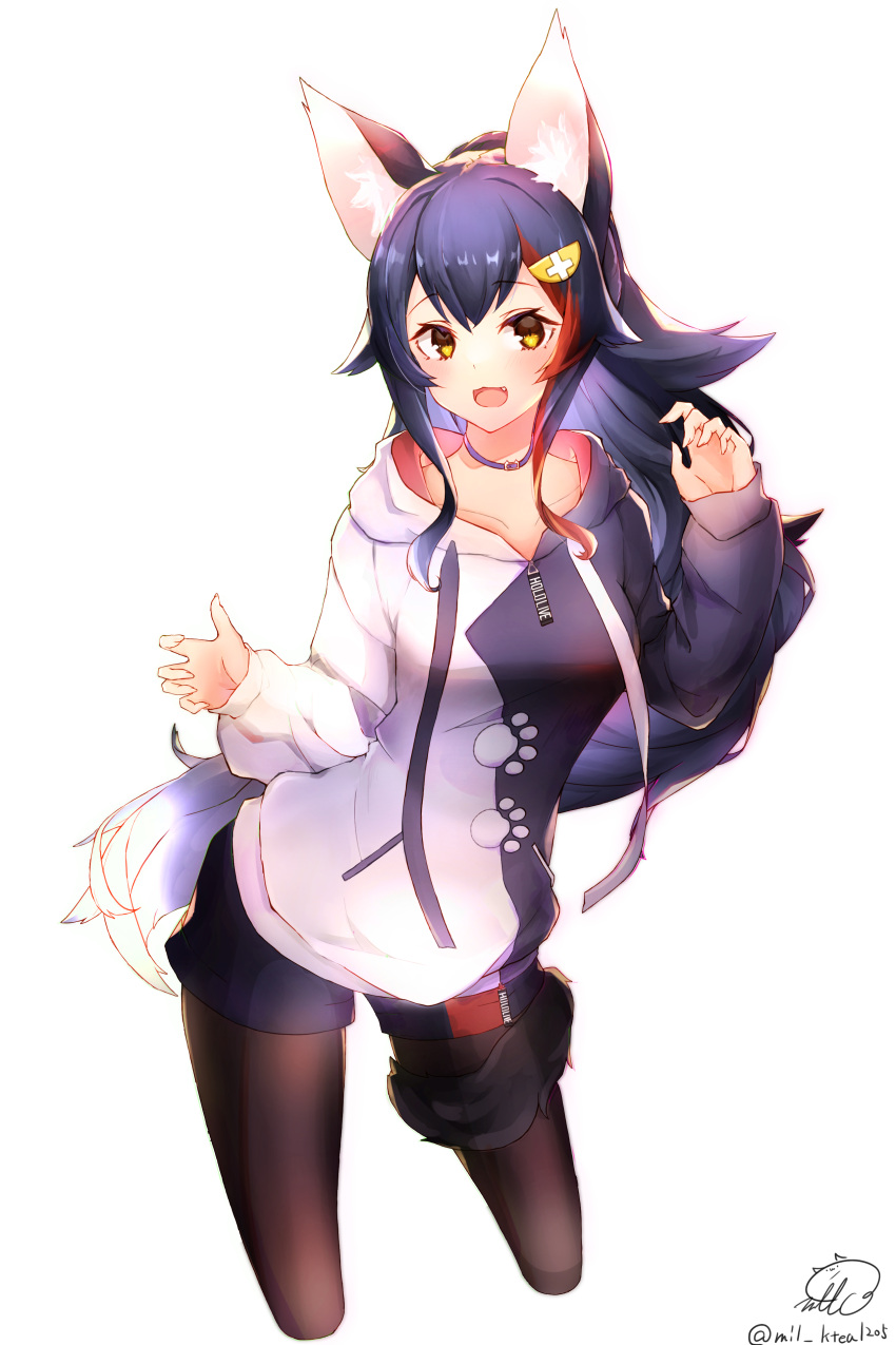 1girl :d absurdres animal_ear_fluff animal_ears black_choker black_hair black_hoodie black_legwear black_shorts breasts choker commentary contrapposto cowboy_shot cropped_legs eyebrows_visible_through_hair fang hair_flaps hair_ornament highres hololive hood hoodie long_hair looking_at_viewer medium_breasts milo1205 multicolored_hair official_alternate_costume ookami_mio open_mouth pantyhose paw_print ponytail redhead short_shorts shorts sidelocks signature simple_background smile solo standing streaked_hair tail tail_around_leg twitter_username two-tone_hoodie virtual_youtuber white_background white_hair white_hoodie wolf_ears wolf_tail yellow_eyes