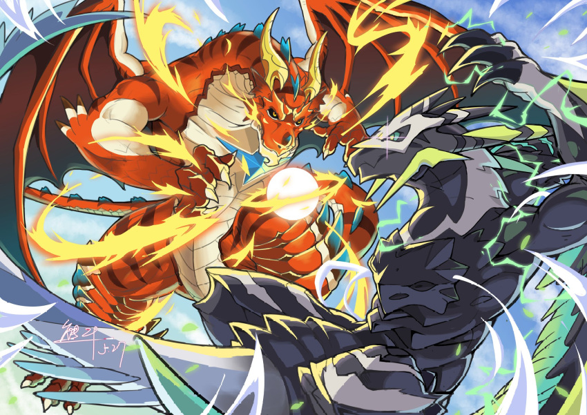 animal_focus aqua_sclera arms_up battle black_sclera blue_sky claws closed_mouth clouds colored_sclera commentary_request day dragon electricity embear_2019 energy_ball eye_contact fire flying glint green_eyes highres horns looking_at_another midair muscular no_humans orange_eyes outdoors red_wings shult_(world_flipper) sky vagner_(world_flipper) wind wings world_flipper