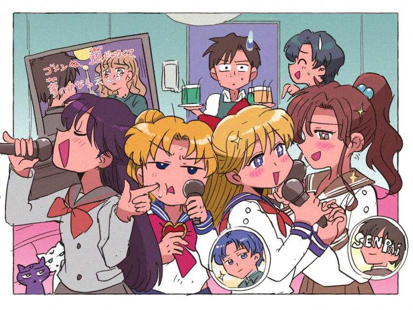 aino_minako artemis_(sailor_moon) bishoujo_senshi_sailor_moon blush bow brown_hair brown_skirt cat character_request happy hino_rei karaoke kino_makoto kino_makoto's_school_uniform luna_(sailor_moon) mizuno_ami multiple_girls music red_bow school_uniform short_hair singing skirt tsubobot tsukino_usagi white_cat