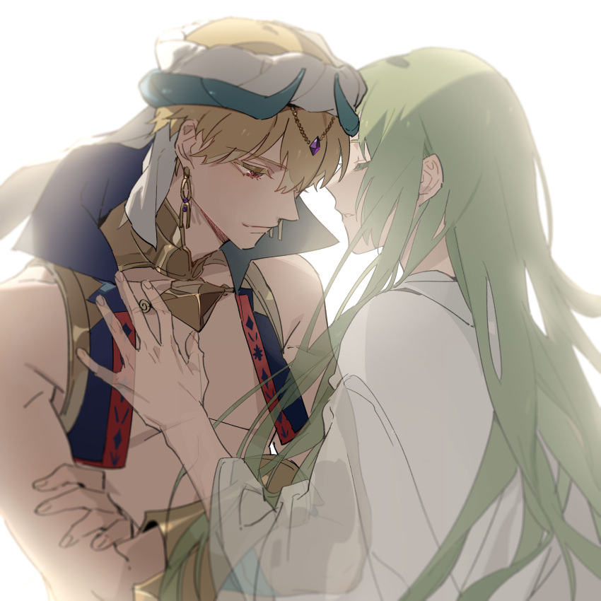 1boy 1other absurdres arabian_clothes bangs bare_shoulders blonde_hair closed_eyes closed_mouth crossed_arms earrings enkidu_(fate) eyebrows_visible_through_hair fading fate/strange_fake fate_(series) gilgamesh_(caster)_(fate) gilgamesh_(fate) green_hair hair_between_eyes highres jewelry long_hair long_sleeves parted_lips red_eyes robe simple_background turban upper_body very_long_hair white_background white_robe wide_sleeves zhibuji_loom