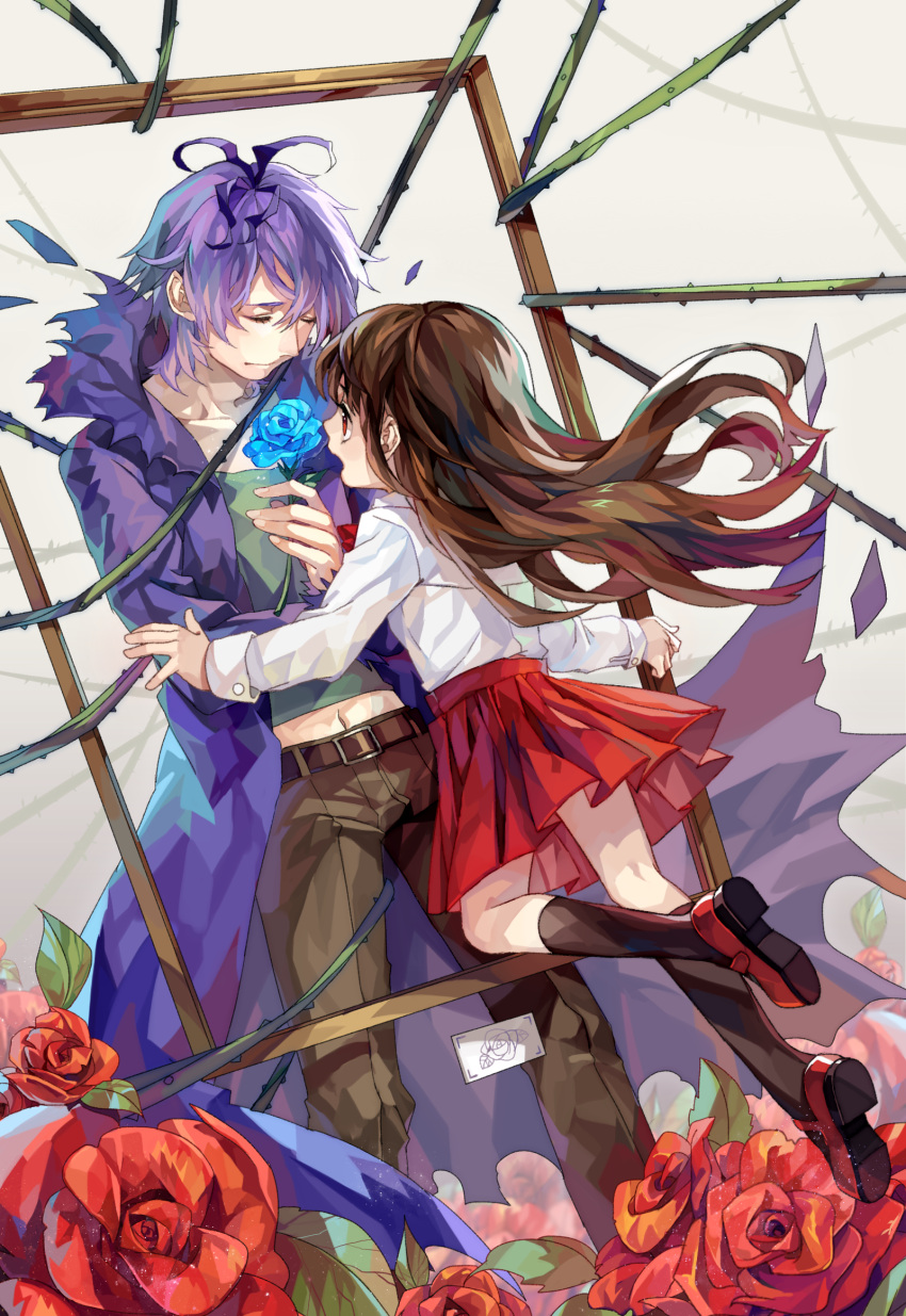 1boy 1girl blue_flower blue_rose brown_hair closed_eyes coat english_commentary flower garry_(ib) harrymiao highres ib ib_(ib) long_hair open_mouth painting_(object) purple_hair red_eyes red_flower red_rose rose skirt