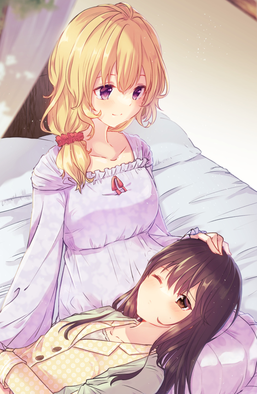 2girls alternate_costume aoi_(annbi) bangs bed bed_sheet blonde_hair blush bow breasts brown_hair buttons collarbone commentary hair_ornament hair_scrunchie hand_on_another's_head headwear_removed highres lap_pillow large_breasts long_sleeves maribel_hearn medium_hair multiple_girls one_eye_closed pillow red_bow red_scrunchie scrunchie shirt sleepwear tied_hair touhou usami_renko violet_eyes yellow_shirt