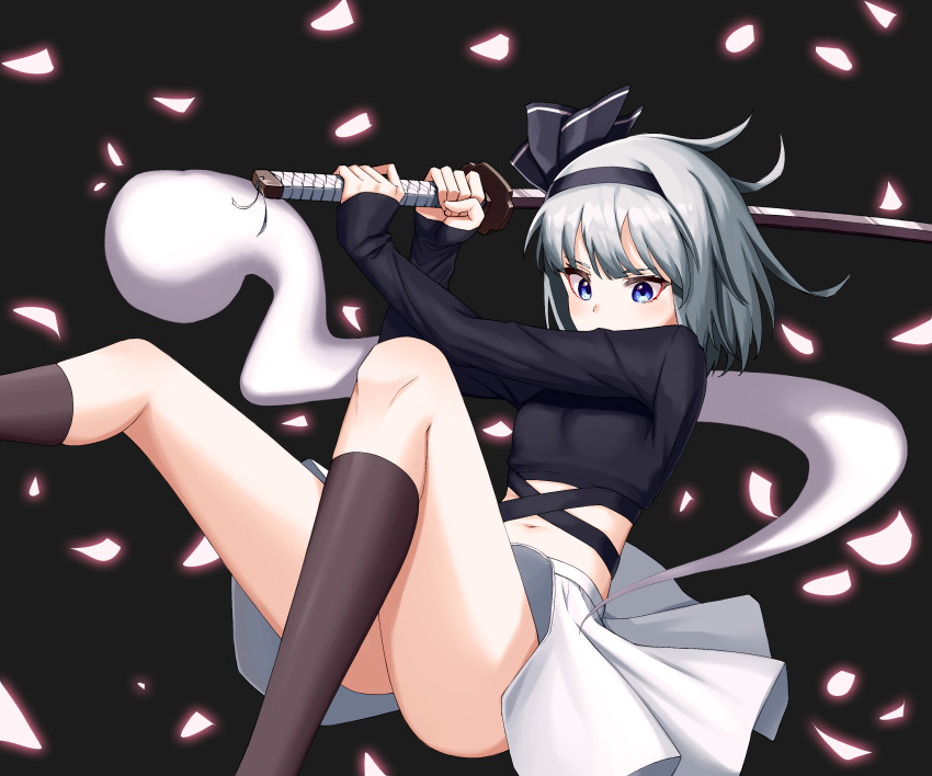 1girl absurdres ass black_shirt blue_eyes breasts brown_legwear cherry_blossoms crop_top grey_hair hairband highres holding holding_sword holding_weapon katana kneehighs konpaku_youmu konpaku_youmu_(ghost) long_sleeves looking_at_viewer midriff navel setsurimu_(pro_viden) shirt short_hair skirt small_breasts solo sword thighs touhou weapon white_skirt