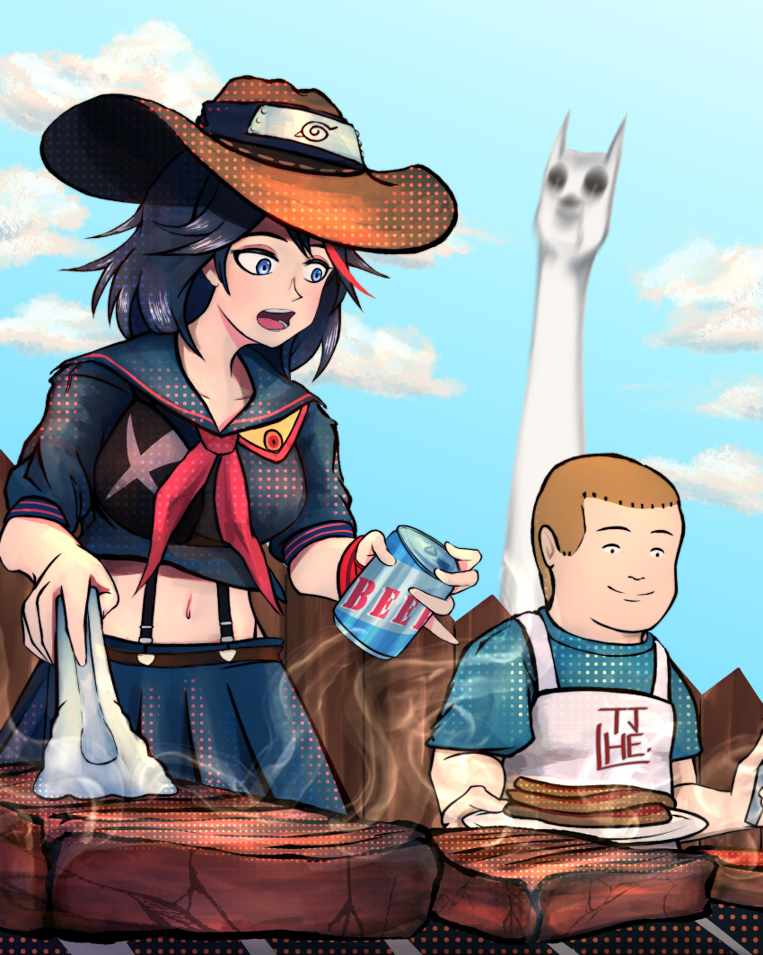 1boy 1girl absurdres alcohol apron armband beer beer_can black_hair blue_eyes blue_sky bobby_hill brown_hair can clouds cowboy_hat crossover food forehead_protector grill hat highres holding holding_can kill_la_kill king_of_the_hill matoi_ryuuko midriff multicolored_hair neckerchief nyanko_daisensou open_mouth outdoors school_uniform serafuku shirt skirt sky smile steak steam streaked_hair suspender_skirt suspenders t-shirt tactimint