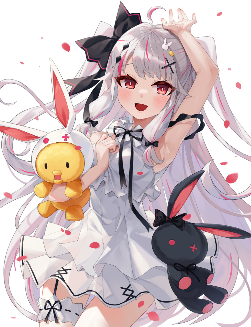 1girl :d absurdres ahoge arm_up armpits bangs bare_arms bare_shoulders bird_hair_ornament black_bow bow bunny_hair_ornament commentary_request dress eyebrows_behind_hair grey_hair hair_bow hair_ornament hairclip highres kaguya_(srx61800) long_hair looking_at_viewer multicolored_hair nijisanji object_hug open_mouth petals purple_hair red_eyes simple_background sleeveless sleeveless_dress smile solo streaked_hair stuffed_animal stuffed_bunny stuffed_toy two_side_up very_long_hair virtual_youtuber white_background white_dress x_hair_ornament yorumi_rena