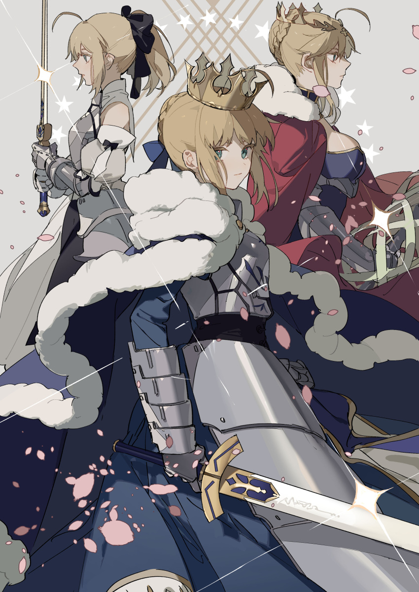 3girls absurdres ahoge armor armored_dress artoria_pendragon_(fate) artoria_pendragon_(lancer)_(fate) bare_shoulders black_bow blonde_hair bow braid breasts caliburn_(fate) cape cherry_blossoms crown detached_sleeves excalibur_(fate/stay_night) falling_petals fate/grand_order fate/stay_night fate/unlimited_codes fate_(series) french_braid from_side fur-trimmed_cape fur_trim gauntlets green_eyes hair_between_eyes highres holding holding_sword holding_weapon lance large_breasts looking_at_viewer multiple_girls petals polearm ponytail rhongomyniad_(fate) saber saber_lily sideboob sidelocks sword weapon zhibuji_loom