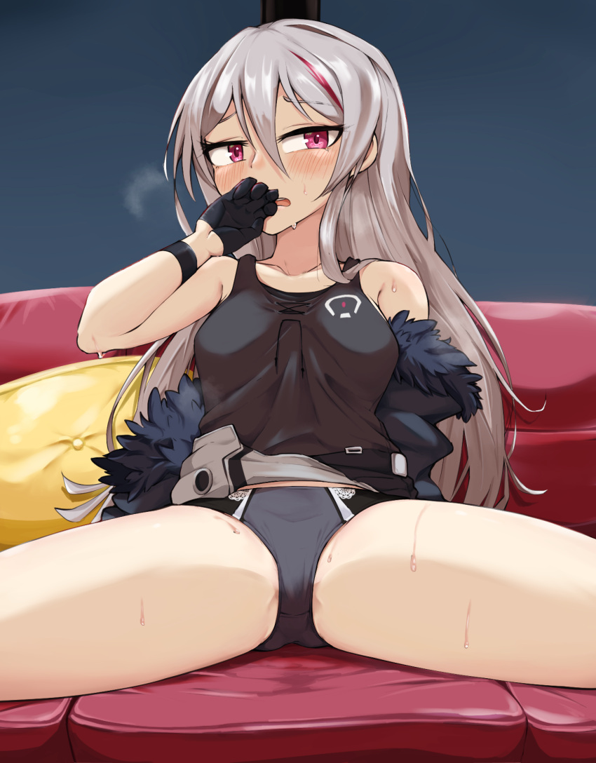 1girl black_coat black_gloves black_panties blush coat couch feather-trimmed_coat girls_frontline gloves grey_tank_top highres kuzumotsu long_hair looking_at_viewer multicolored_hair on_couch open_clothes open_coat open_mouth panties redhead silver_hair sitting solo spread_legs streaked_hair t-cms_(girls'_frontline) tank_top two-tone_hair underwear violet_eyes