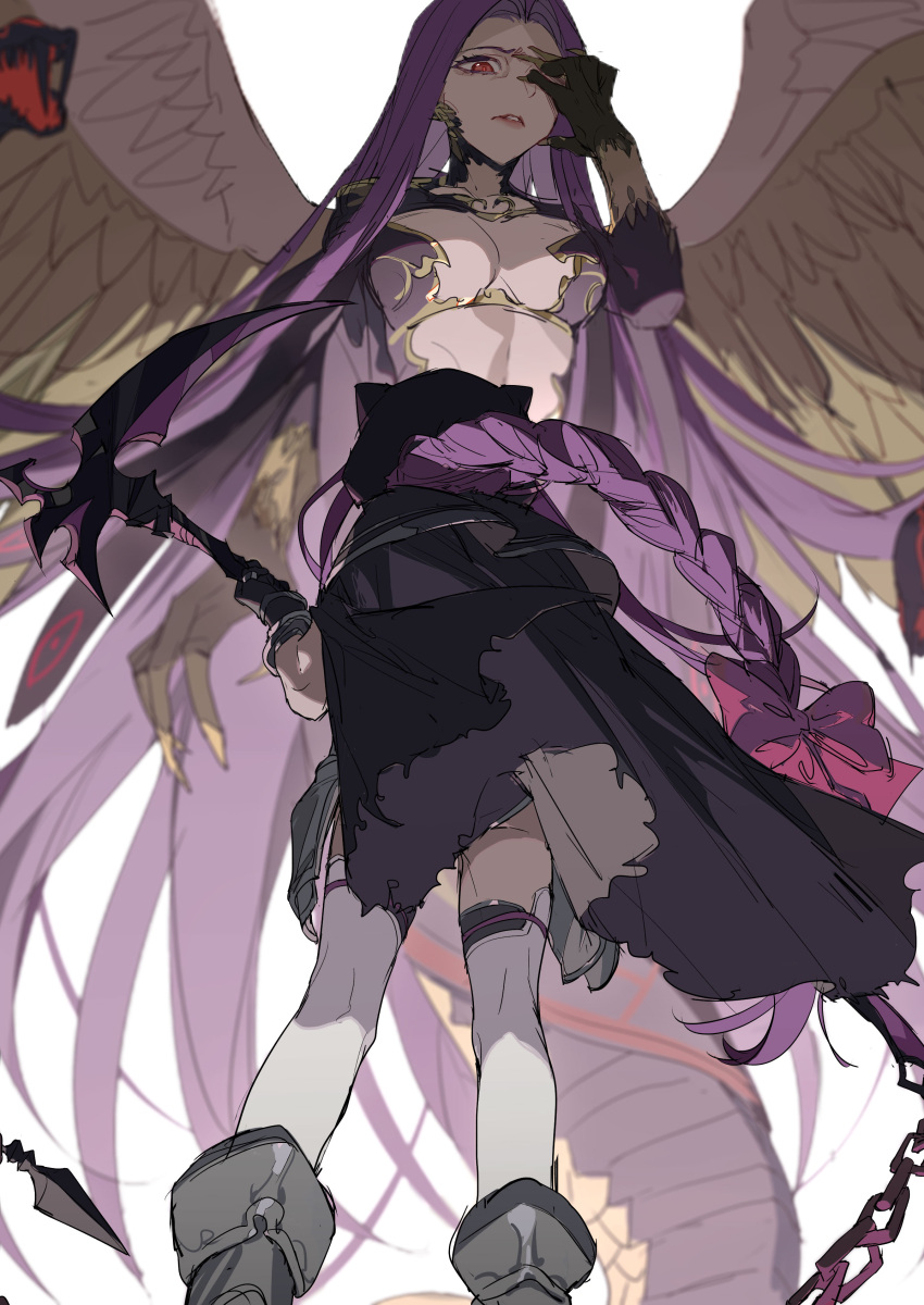 2girls absurdres bangs black_cape black_gloves braid brown_wings cape chain claws fate/grand_order fate_(series) feathered_wings from_behind gloves gorgon_(fate) hand_on_own_face hand_up highres holding holding_scythe lamia long_hair medusa_(fate) medusa_(lancer)_(fate) monster_girl multiple_girls multiple_wings parted_bangs parted_lips purple_hair red_eyes scythe simple_background single_braid standing thigh-highs torn_cape torn_clothes very_long_hair white_background white_legwear wings zhibuji_loom