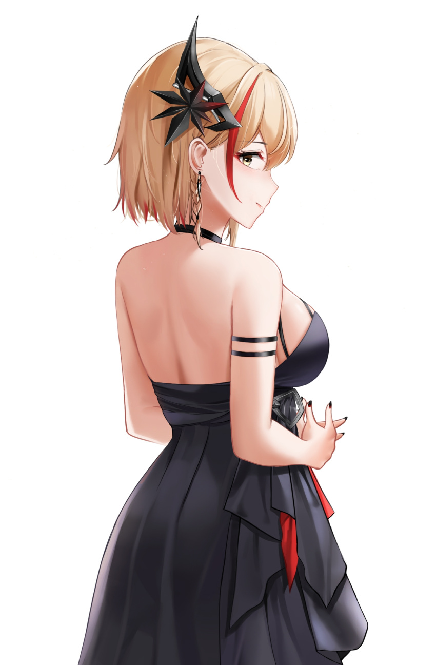 1girl arm_strap azur_lane backless_dress backless_outfit black_dress black_nails breasts dress earrings evening_gown from_behind halter_dress halterneck highres jewelry large_breasts light_brown_hair looking_at_viewer medium_hair multicolored_hair nail_polish official_alternate_costume qing_wu redhead roon_(azur_lane) roon_(dark_red_grin)_(azur_lane) solo streaked_hair thighlet two-tone_hair upper_body yellow_eyes
