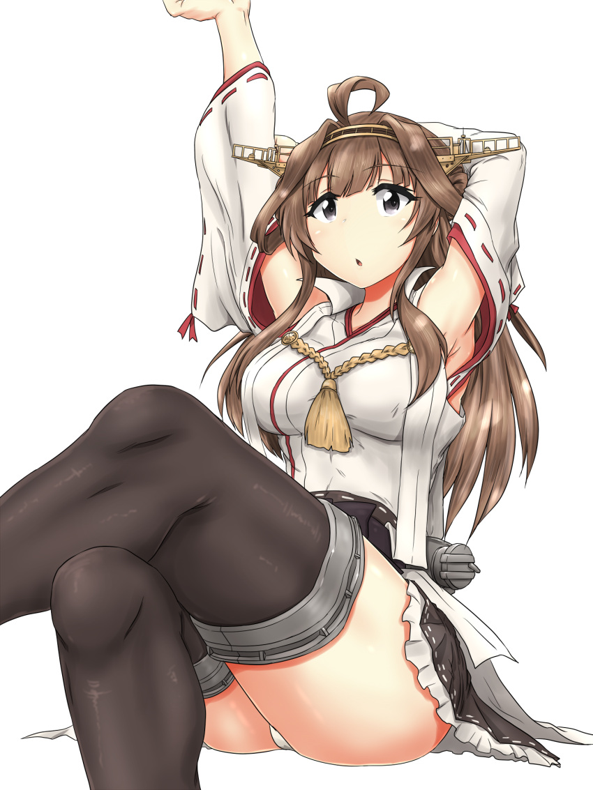 1girl ahoge black_skirt boots breasts brown_hair crossed_legs detached_sleeves double_bun frilled_skirt frills hairband headgear highres japanese_clothes kantai_collection kongou_(kancolle) long_hair medium_breasts nontraditional_miko panties remodel_(kantai_collection) ribbon-trimmed_sleeves ribbon_trim sitting skirt solo thigh-highs thigh_boots underwear violet_eyes white_panties yashio_(0321)