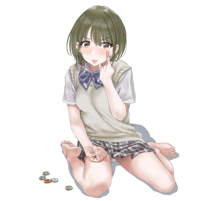 1girl akanbe bangs bare_legs barefoot blue_neckwear blush bow bowtie brown_sweater_vest coin commentary_request eyebrows_visible_through_hair full_body green_eyes green_hair hamedoragon hand_up idolmaster idolmaster_shiny_colors looking_at_viewer miniskirt nanakusa_nichika panties pantyshot plaid plaid_skirt pleated_skirt school_uniform shirt short_hair short_sleeves simple_background sitting skirt soles solo tongue tongue_out underwear wariza white_background white_panties white_shirt