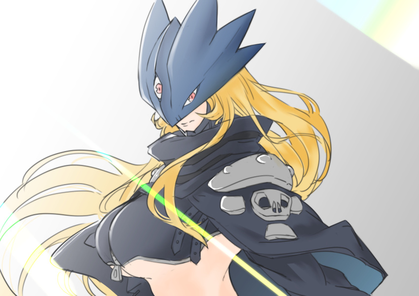 1girl absurdres beelstarmon black_jacket blonde_hair breasts digimon digimon_(creature) gradient gradient_background highres jacket jiyuuya long_hair long_sleeves looking_at_viewer mask red_eyes shine simple_background solo third_eye upper_body zipper