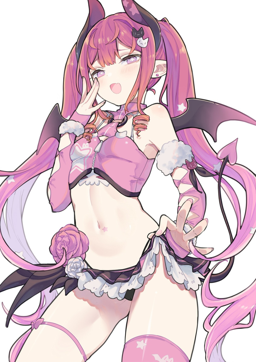 +_+ 1girl :d armpits bare_shoulders black_skirt breasts clothes_lift cowboy_shot crop_top demon_girl demon_horns demon_tail demon_wings detached_sleeves halter_top halterneck highleg highleg_panties highres horns indie_virtual_youtuber lifted_by_self long_hair long_sleeves looking_at_viewer mel_mellow microskirt midriff mimelond mini_wings navel open_mouth panties pink_hair pink_legwear pink_shirt pointy_ears revealing_clothes shirt simple_background single_thighhigh skirt skirt_lift small_breasts smile solo stomach string_panties tail thigh-highs thigh_strap thighs twintails underwear very_long_hair violet_eyes virtual_youtuber white_background wings