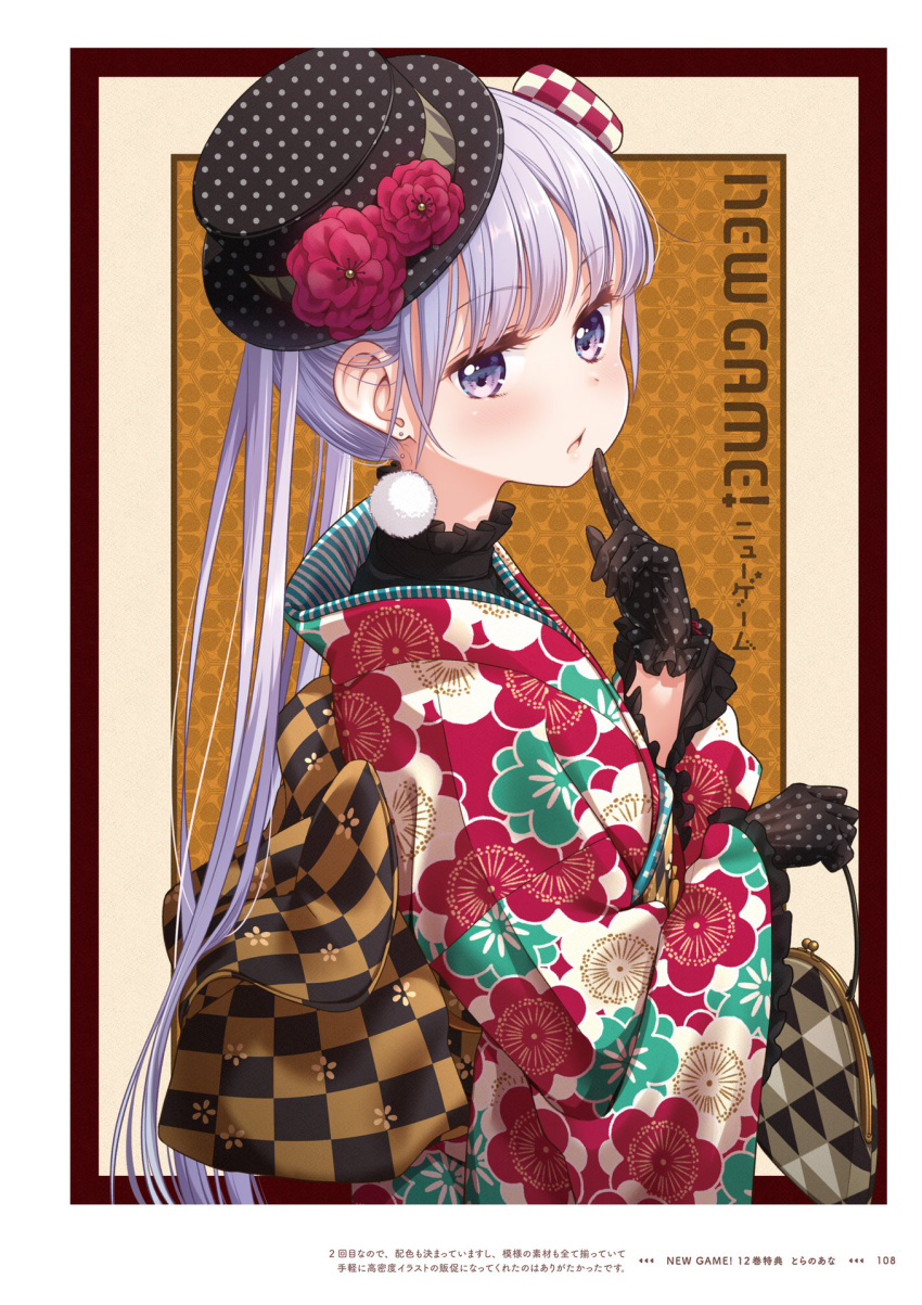 1girl bangs black_gloves black_headwear copyright_name earrings eyebrows_visible_through_hair floral_print flower from_side gloves hat hat_flower highres japanese_clothes jewelry kimono long_hair looking_at_viewer new_game! official_art open_mouth page_number polka_dot_gloves polka_dot_headwear print_kimono red_flower shiny shiny_hair silver_hair solo suzukaze_aoba tokunou_shoutarou twintails upper_body very_long_hair violet_eyes yukata