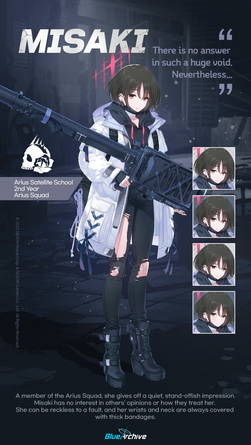 1girl 9ml absurdres backpack bag bandaged_neck bandages black_hair black_hoodie black_pants blue_archive boots character_name character_profile earrings fim-92_stinger halo highres hood hooded_jacket hoodie jacket jewelry mask misaki_(blue_archive) mouth_mask official_art pants red_eyes rocket_launcher short_hair stud_earrings surgical_mask torn_clothes torn_pants weapon white_jacket