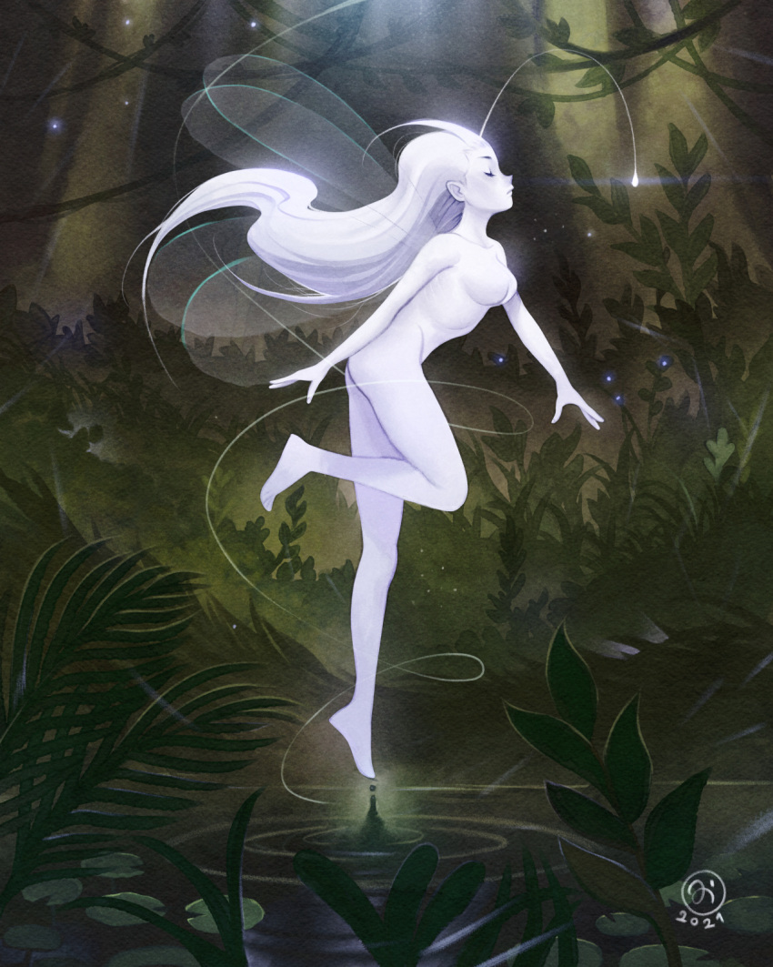 1girl ahoge barefoot breasts closed_eyes completely_nude english_commentary fairy fairy_wings floating flying forest highres huge_ahoge leg_lift long_hair medium_breasts nature no_nipples nude original ripples silver_hair simz solo very_long_hair water water_drop wings