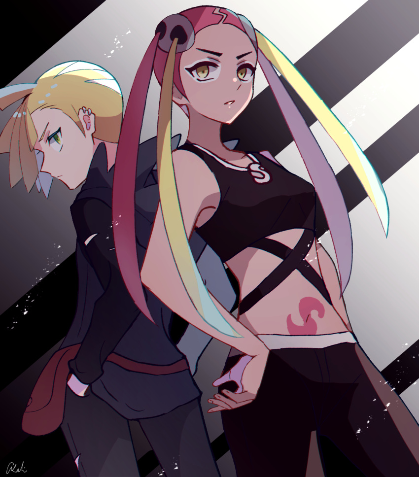 1boy 1girl black_pants blonde_hair ear_piercing eyeshadow gladion_(pokemon) green_eyes hair_ornament hair_over_one_eye highres hood hoodie long_hair makeup midriff multicolored_hair pants parted_lips piercing pink_hair plumeria_(pokemon) pokemon pokemon_(game) pokemon_sm quad_tails short_hair skull_hair_ornament stomach_tattoo tank_top tattoo team_skull tere_asahi two-tone_hair yellow_eyes