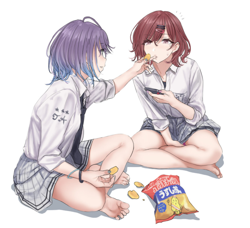 2girls asakura_tooru bangs bare_legs barefoot black_neckwear blue_hair blue_nails bracelet brown_hair cellphone chips collared_shirt commentary_request eyebrows_visible_through_hair feeding food gradient_hair grey_skirt hair_ornament hairclip hamedoragon higuchi_madoka holding holding_phone idolmaster idolmaster_shiny_colors indian_style jewelry miniskirt mole mole_under_eye multicolored_hair multiple_girls nail_polish necktie phone pleated_skirt potato_chips purple_hair purple_nails school_uniform shadow shirt short_hair simple_background sitting skirt sleeves_rolled_up smartphone soles toes violet_eyes white_background white_shirt wing_collar