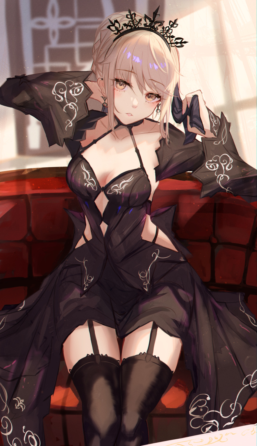 1girl artoria_pendragon_(fate) black_dress black_legwear blonde_hair braid braided_bun breasts dress earrings eyebrows_visible_through_hair fate/grand_order fate_(series) garter_straps hair_bun highres jewelry long_sleeves panipo saber_alter sidelocks sitting small_breasts solo thigh-highs tiara yellow_eyes