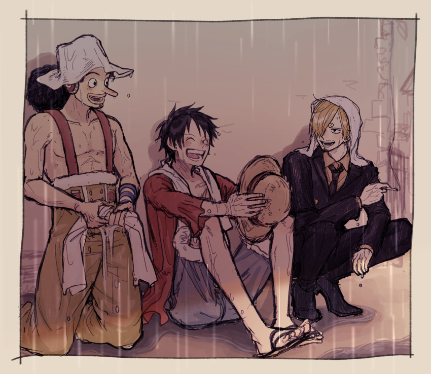 3boys :d black_hair blonde_hair cigarette facial_hair goatee hat highres hurumori monkey_d._luffy multiple_boys one_eye_covered one_piece open_mouth rain sanji sitting smile straw_hat towel towel_on_head usopp