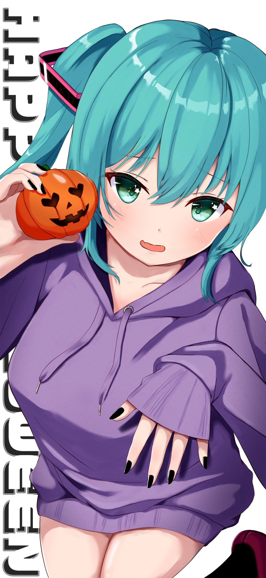 1girl 2021 absurdres aqua_eyes aqua_hair black_nails collarbone commentary cowboy_shot drawstring fang food hair_ornament halloween happy_halloween hatsune_miku highres holding holding_food holding_jack-o'-lantern holding_pumpkin holding_vegetable hood hoodie jack-o'-lantern knees_together_feet_apart leg_up light_blush light_smile long_hair nail_polish open_mouth otoha_neu pumpkin purple_hoodie skin_fang solo twintails vegetable vocaloid white_background