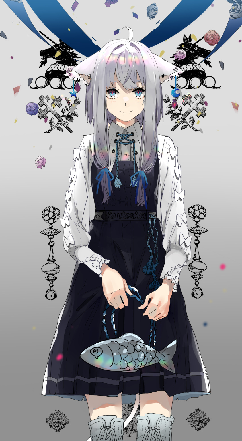 1girl absurdres ahoge animal_ears bangs belt black_dress blue_eyes blue_ribbon boots bow breasts closed_mouth collared_shirt dress ear_piercing earrings feet_out_of_frame fish frilled_sleeves frills grey_background grey_hair hair_ribbon higasizora-kai highres holding jewelry knee_boots long_hair long_sleeves looking_at_viewer low-tied_long_hair original piercing ribbon shirt sleeve_bow small_breasts smile solo standing string tail white_bow white_legwear white_shirt